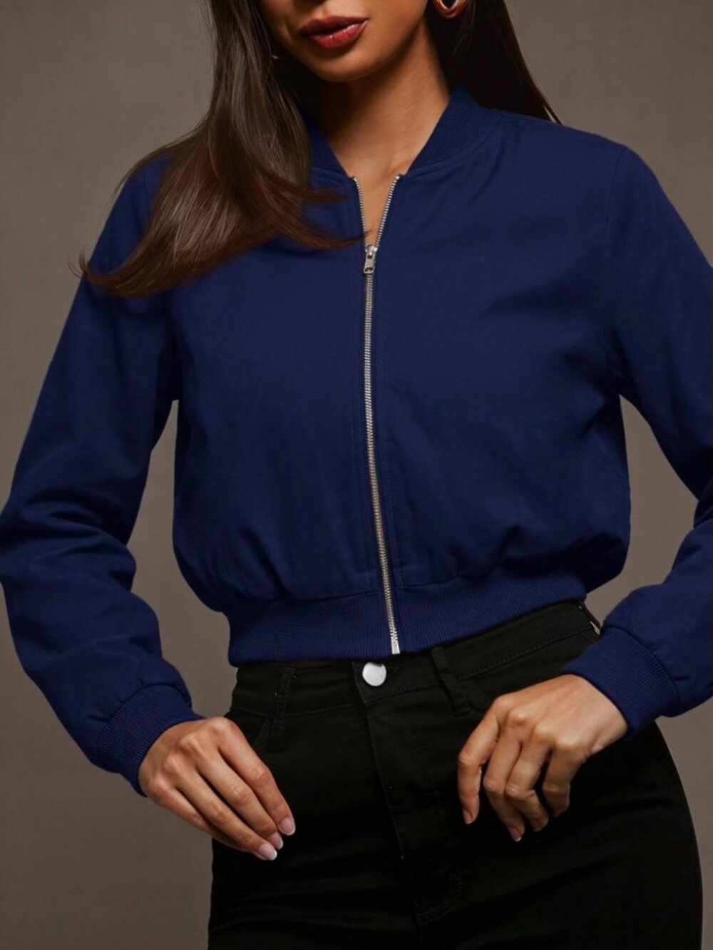 Royal Navy Cropped Bomber Jacket with Silver Zip Front